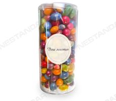Цветные конфеты в прозрачной пластиковой баночке с логотипом