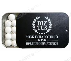 Освежающие драже в банке с крышкой-слайдером и логотипом бизнес-клуба Biztus