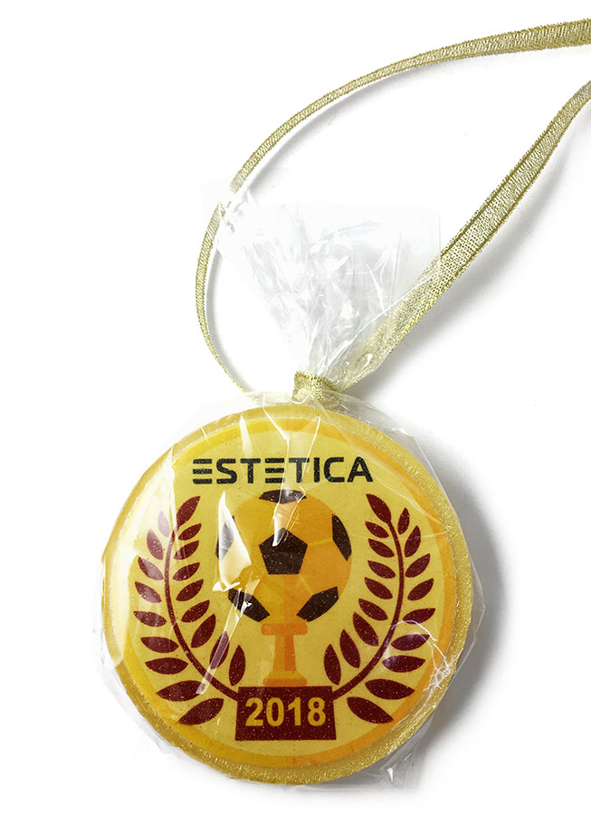 Круглые леденцы-медали с полноцветной печатью логотипа мебельной компании Эстетика